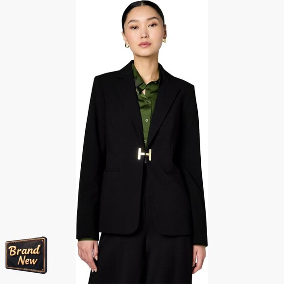 Tailored Wool Blend Blazer with H Closure Pockets Office Workwear